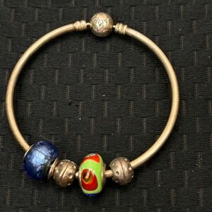 Pandora Sterling Silver Bangle Bracelet‎ with 2 Murano Glass and 2 Silver Charms